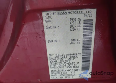 2013 Nissan Altima 2.5 Sl z USA, uszkodzony, nr VIN 1N4AL3AP9DN405989